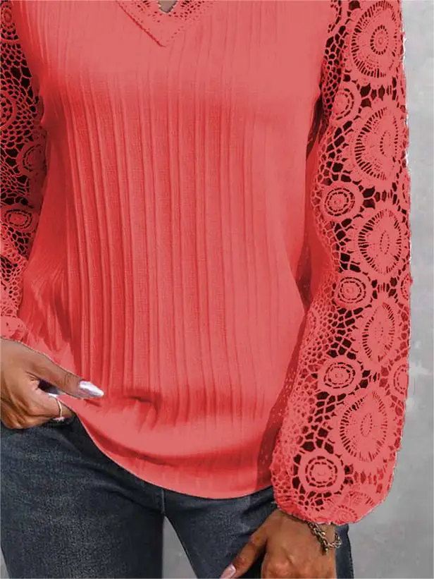 Plus Size Women Long Sleeve V-neck Solid Lace Tops