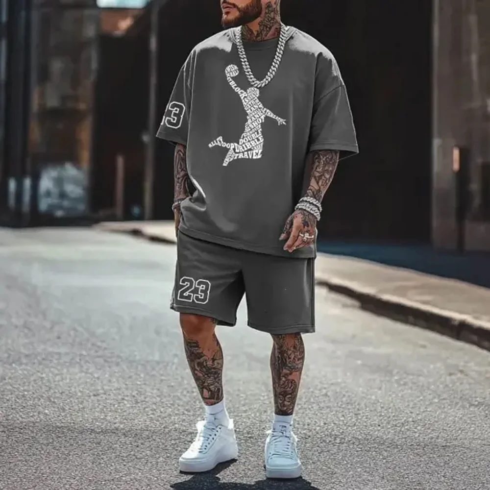 

Casual Mens Oversized T-shirt And Shorts Suit Streetwear High-street Gray Short-Sleeved T-shirt And Shorts Set Tee Tops Clothes