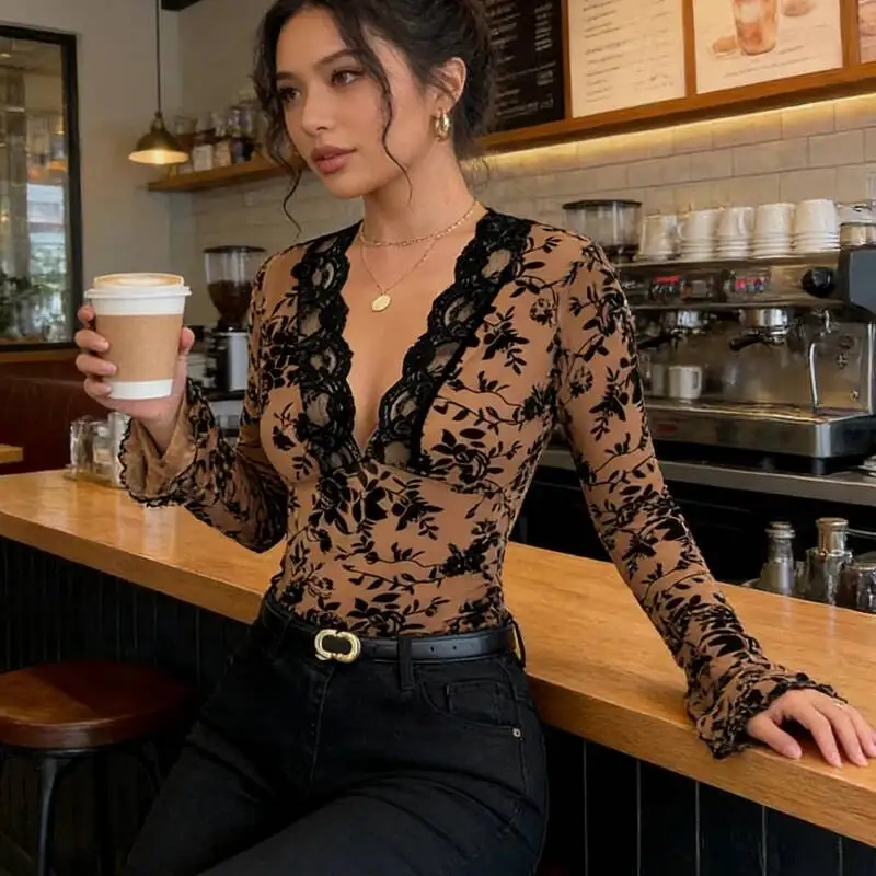 

Sexy Slim Fit Floral Lace Blouses Elegant Deep V-Neck Mesh Long Blouse Streetwear Top Spring Y2k Bell Sleeve Thin Shirts