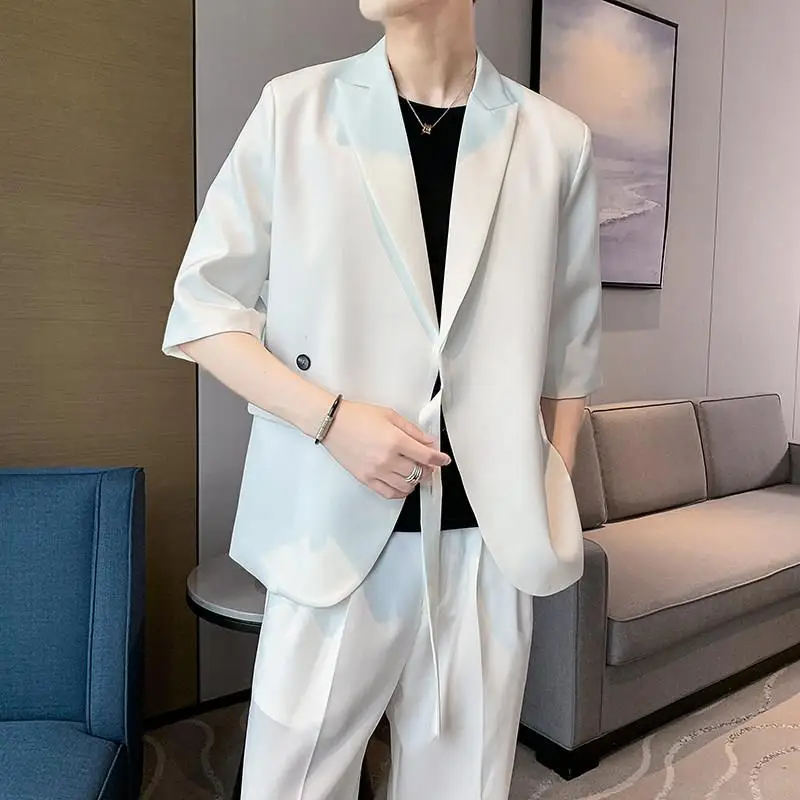 2-A1 Fragrant style suit men\'s summer Internet celebrity loose half-sleeved lacetrendy handsome suit with wide-leg trouser