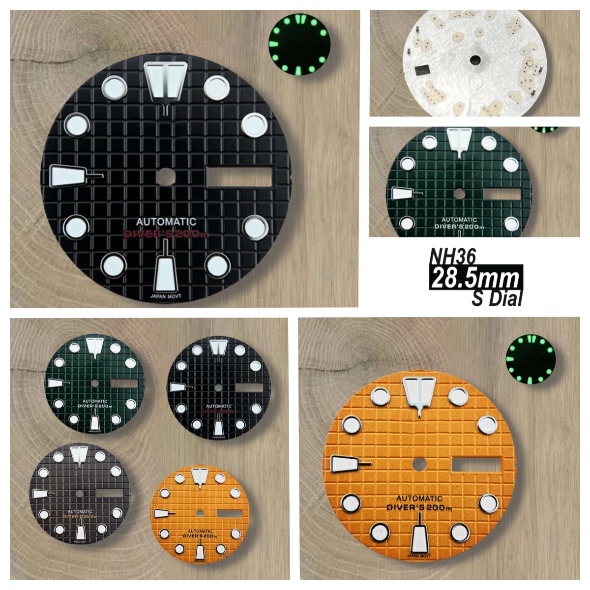 

28.5mm High Quality S Logo NH36 Dial 3D Ripples Dial Suitable NH35/NH36 Automatic Movement Green Luminous NH35 Accessories ﻿
