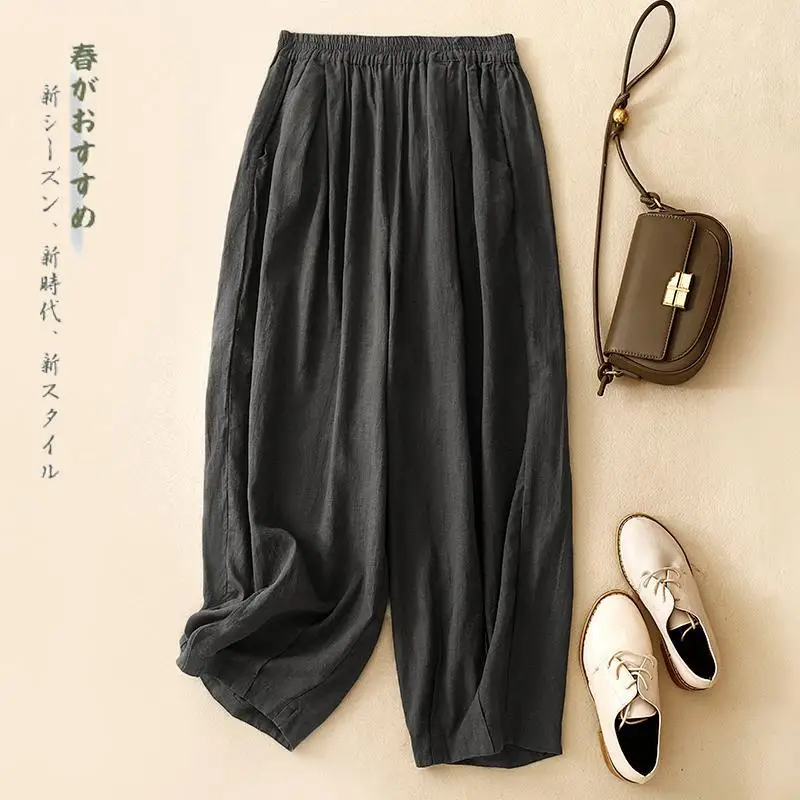 New Arrival 2024 Spring Summer Arts Style Women Elastic Waist Loose Ankle-length Pants Solid Cotton Linen Casual Harem Pants