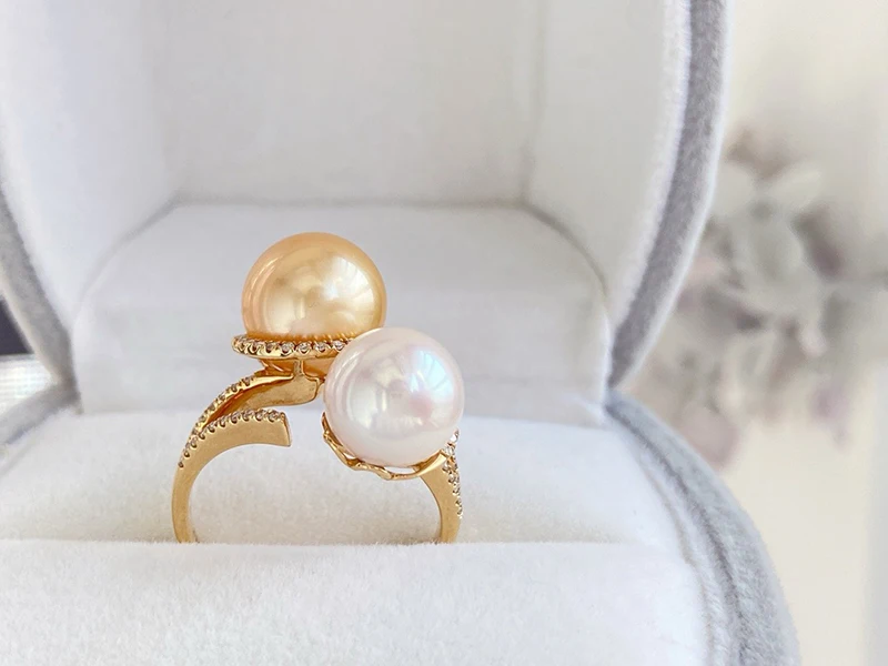 KUGG PEARL 18K Yellow Gold Ring Elegant Style 9-11mm Natural Akoya Pearl&South Sea Gold Pearl Ring for Women Fine Jewelry