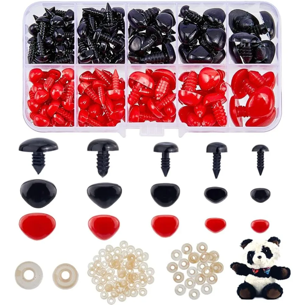 130pcs 5 Sizes Plastic Safety Noses with Washer Triangle Animal Nose Black and Red Craft Amigurumi Nose Sets