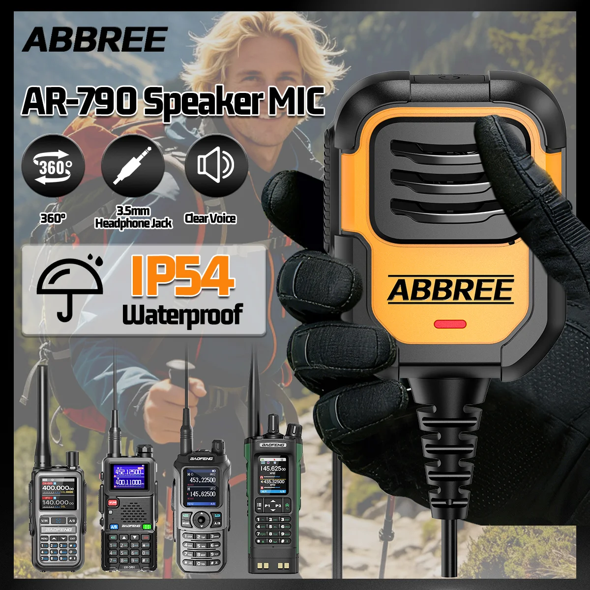 ABBREE AR-790  IP54 Waterproof Walkie Talkie Speaker Microphone Handheld Mic Upgrade 780 MIC For BAOFENG UV-5R Mini UV -32 UV-5R