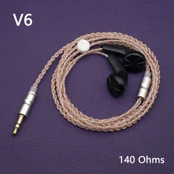 2024 V6 HiFi Wired Earphones 140 Ohms High Impedance Detailed Analog Sound Flat head Dynamic Earbuds Cable