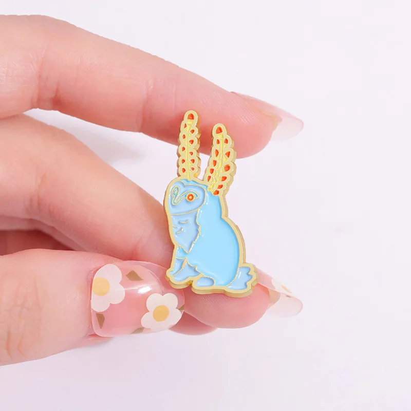 Cute Medieval Illustration Rabbit Enamel Pin Brooch Blue Wheat Ear Design Lapel Badge for Art Lovers Backpack Accessories view 2