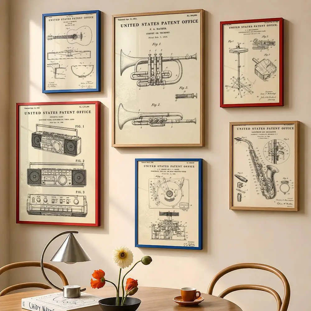 Vintage Musical Instrument Patent Banjo Sax Guitar Drawing Poster PP Wall Art Print Removable Home Decor Cafe Apartment Gift