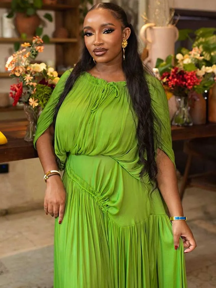 Elegant Olive Green Dress for Women Maxi Summer Dress Waist Draped Straight Type Pleated Party Dress