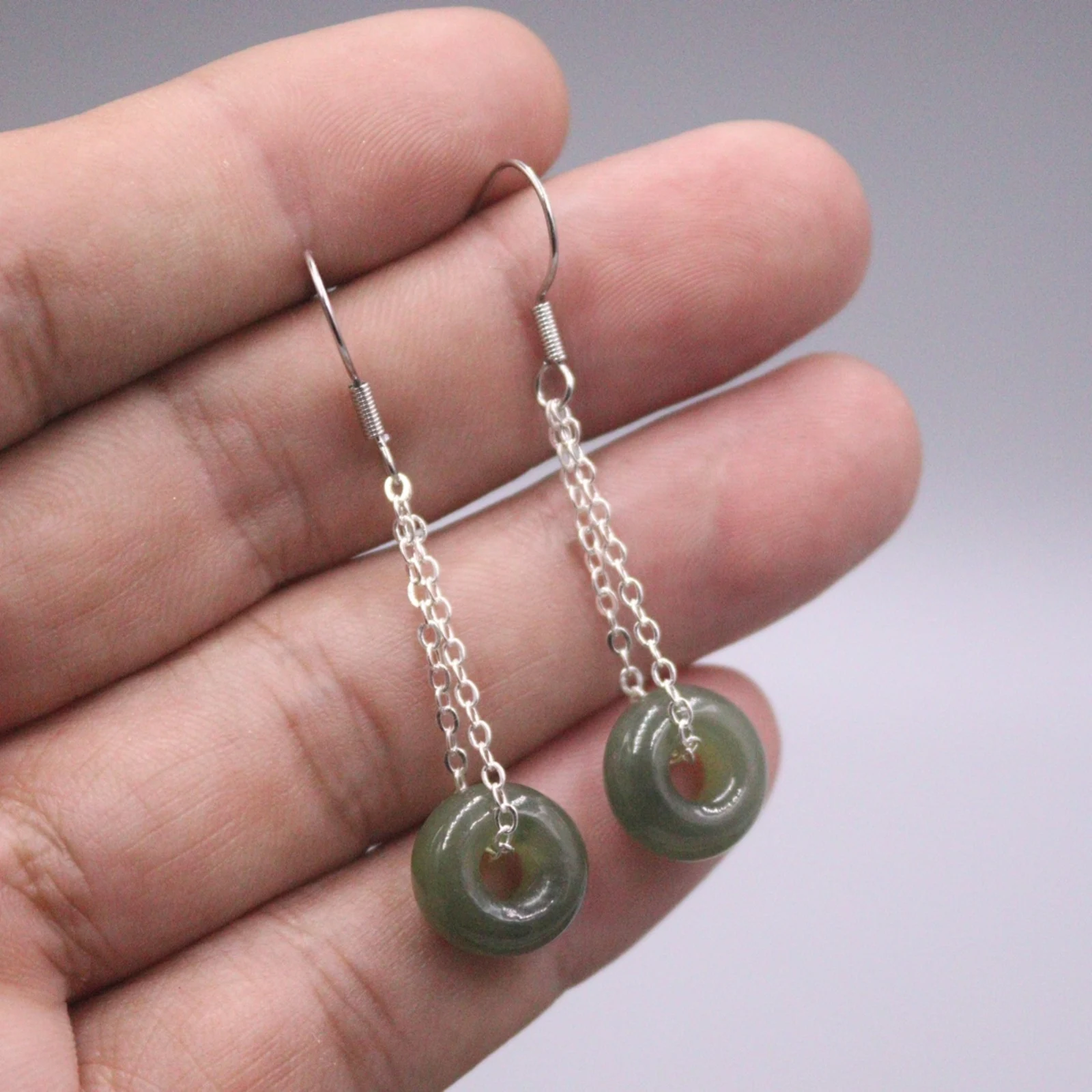 

Real Solid 925 Sterling Silver Natural Jade Round Circle O Link Chain Dangle Earrings