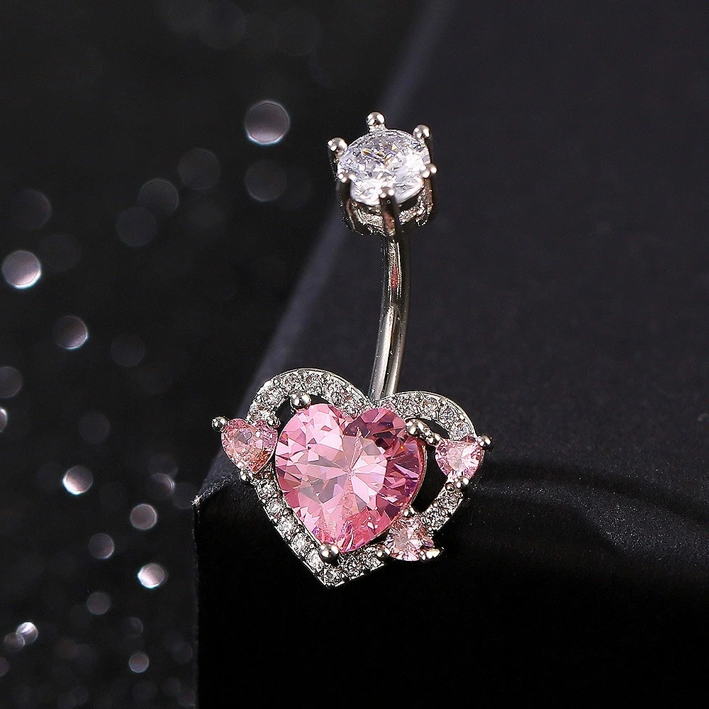 Pink Crystal Love Heart Stone White Zircon Navel Rings For Women Classic Silver Color Belly Button Nail Body Piercings Jewelry