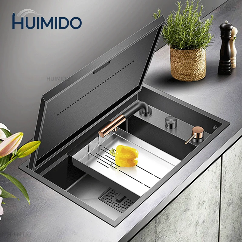 Nanometer Black Hidden kitchen Sink SUS 304 Stainless Steel 4mm Thickness Flip Cover Hidden Handmade kitchen Sinks