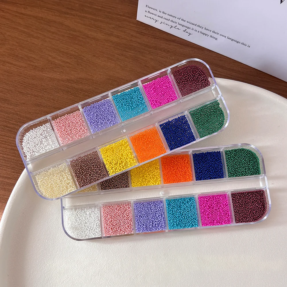 12Grid Dopamine Color Caviar Nail Beads DIY Resin Colorful Macaron Round Micro Ball DIY Rhinestone for Women Manicure Decoration