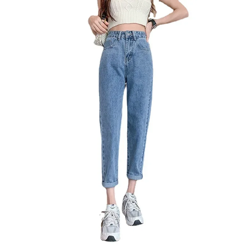 جينز جديد لربيع وصيف 2022 عالي الخصر للتخسيس مستقيم الساق للنساء سروال هيب هوب فضفاض مناسب للبطاطس