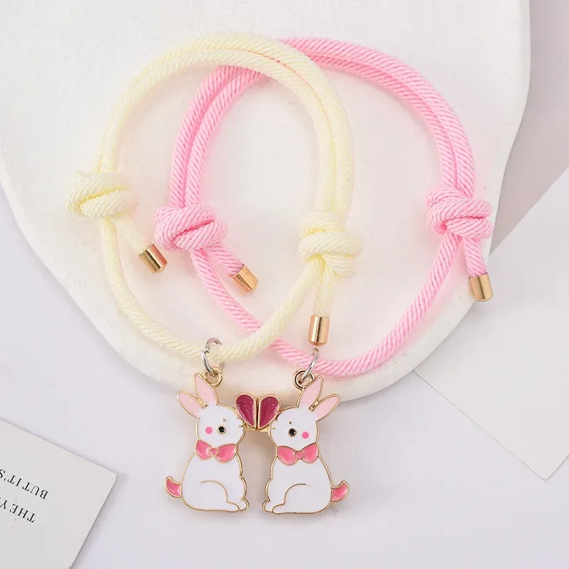 2pcs Cute Rabbit Cat Charm Magnet Bracelet, Cartoon Animal Friendship Bracelet Set of Handmade Weaved Jewelry for Friends 2026