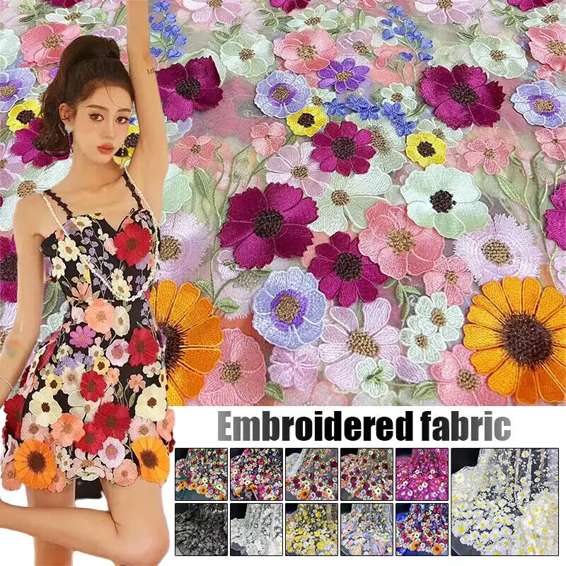 3D Multicolored Floral Embroidered Cloth Mesh Lace Dress Fabric Craft Sunflower Skirt Fabric DIY Sewing Fabric Curtain Cloth