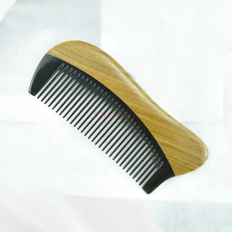 

Natural Green Sandalwood Hair Comb - No Static Wooden Fine Tooth Black Buffalo Horn Comb (Green sandalwood)
