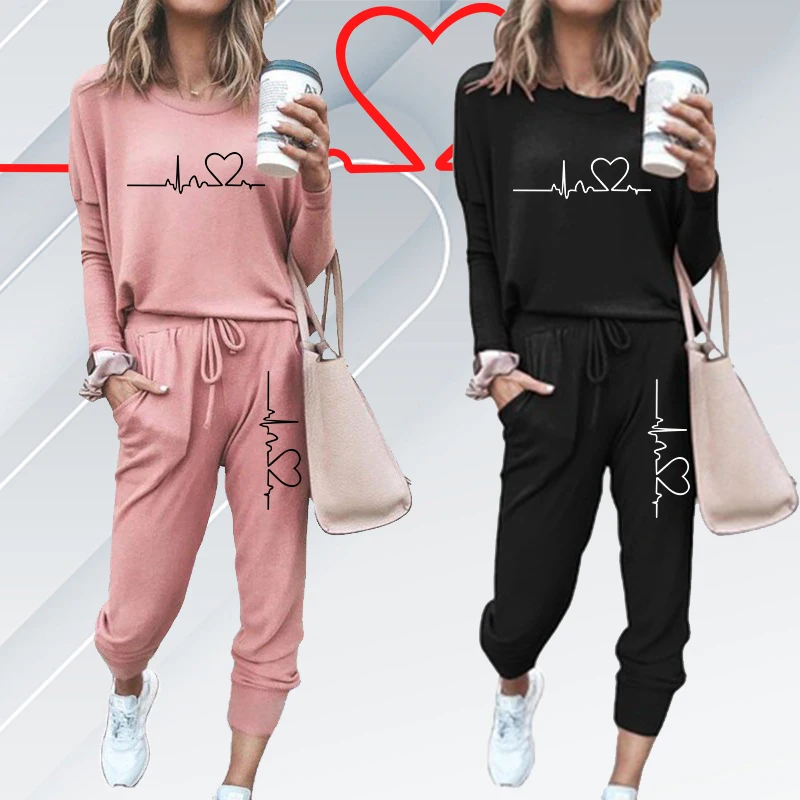 Super Cute ECG Heart Print Tracksuit Women Suit Casual Sports Suit Long Sleeved Sweatshirts Trousers Sportswear