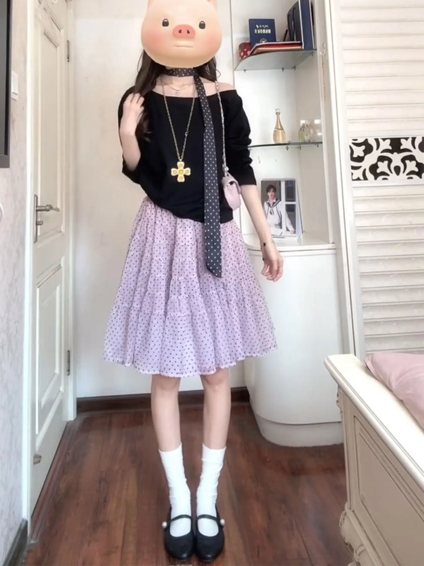 

plus Size Pink Polka Dot Tulle Cake Skirt Women's A-Line Skirt Sweet Girl Style Summer Slimming Age-Defying High Waist