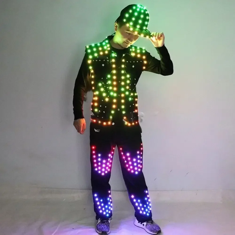 Full Color LED Robot Performance Costume Hat Pants RGB Changing Party Rechargeable Luminescent Clothing Rave Music Festival Wear