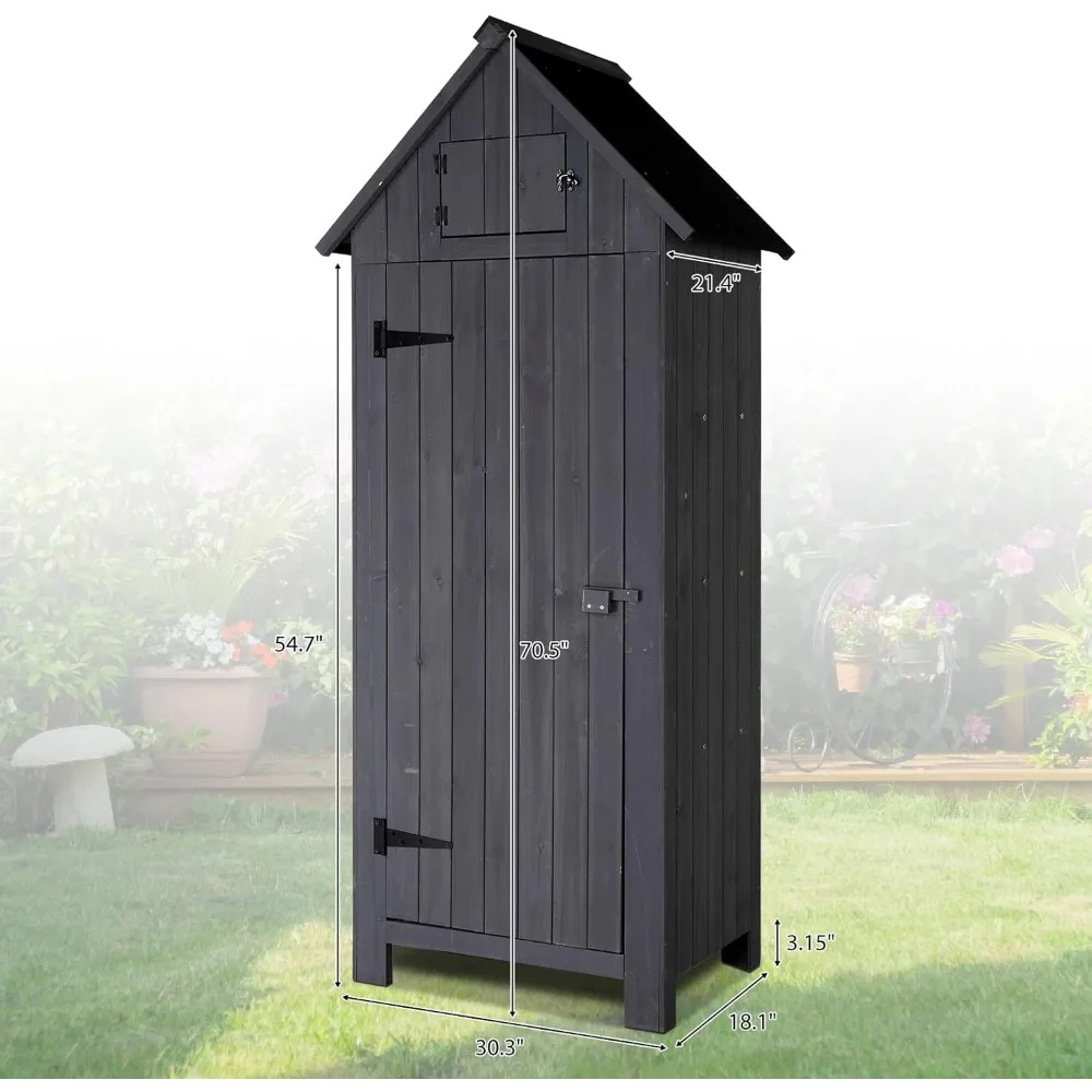 سقيفة تخزين خشبية خارجية من VINGLI: خزانة أدوات الحديقة مع مزلاج أمان ومنظم تخزين الفناء باللون الرمادي الداكن #3