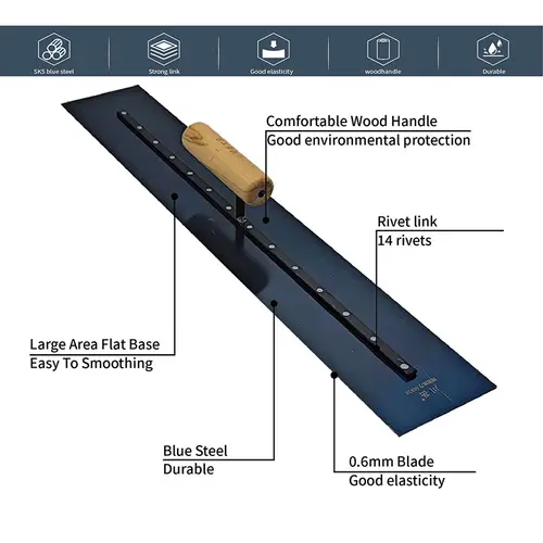 60CM Plastering Trowel Wooden Handle Blue Steel Blade Skimming Construction Putty Knife Drywall Tools Spatula for Smoothing - Image 2