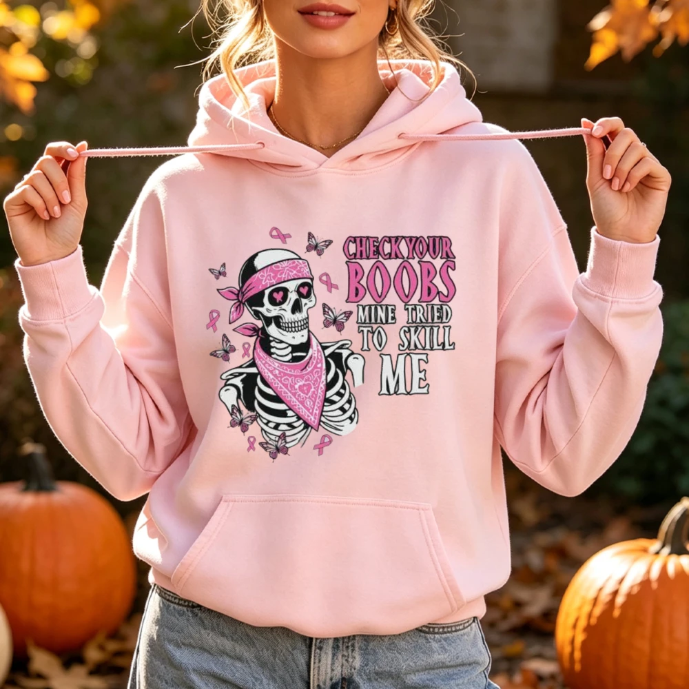 CHECK YOUR BOOBS MINE TRIED TO SKILL ME Funny Skull Pink Ribbon Hooded Sweatshirt Women Breast Cancer Survivor Support Hoodie
