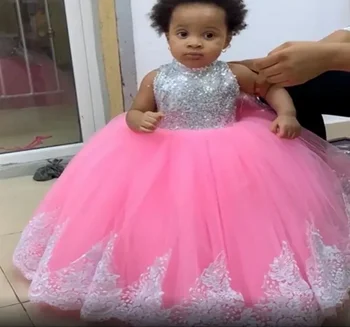 فساتين للفتيات بزهور وردية مع أشرطة سباغيتي ، مزينة بالدانتيل ، الخرز ، للتواصل ، أعياد الميلاد ، للأطفال