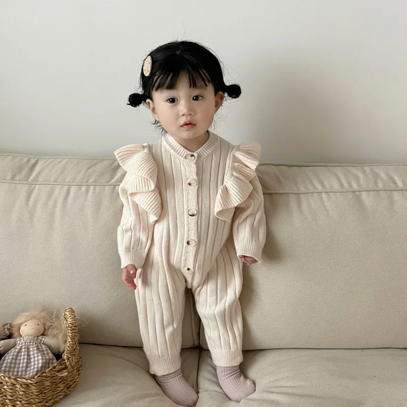 2024 Infant Spring Clothes New Solid Girl Baby Knitted Cardigan Flounce Long Sleeve Romper Kid Cotton Jumpsuit Newborn One-piece