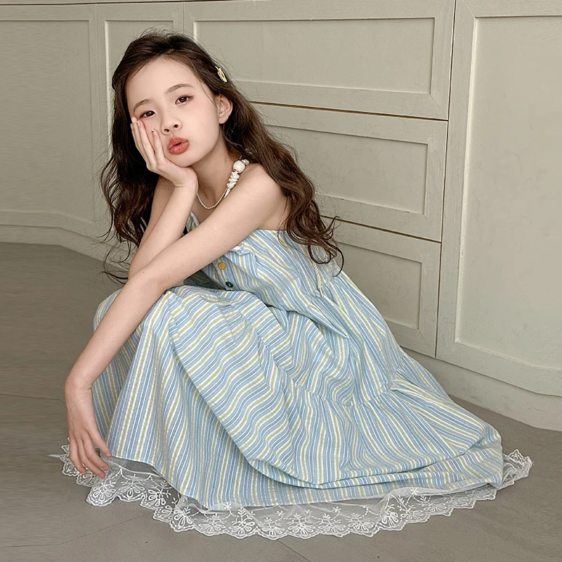 Dresses For Girls Princess Dress Spaghetti Strap Stripe Lace Hem Tiered Sundress Party Birthday Summer Kids Clothes 6-13 Years