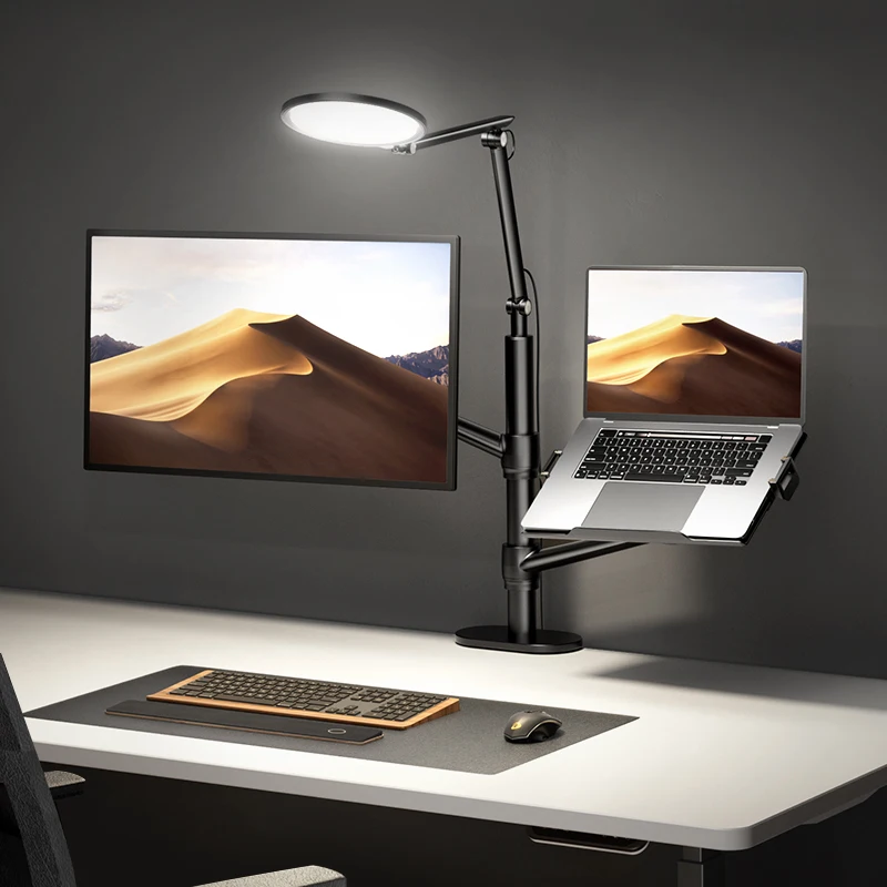 New Design 360 Swivel Monitor Laptop Arm Stand with LED Lamp 90 Degree Tilt for Working Gaming Stock Desktop Computer Stand