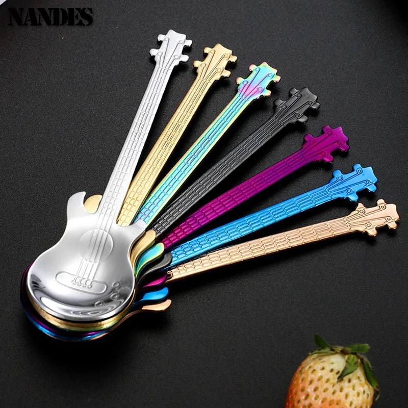 Stainless Steel Guitar Teaspoon Coffee Spoon Creative New Beautiful 7 Colors Coffee Tea Use Fashion Tableware Kitchen Spoon