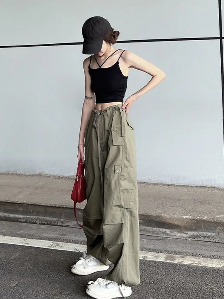 Hip Hop Retro Green Cargo Pants Women Y2K Fashion Harajuku Loose Wide Leg Black Parachute Trousers Female Vintage Streetwear