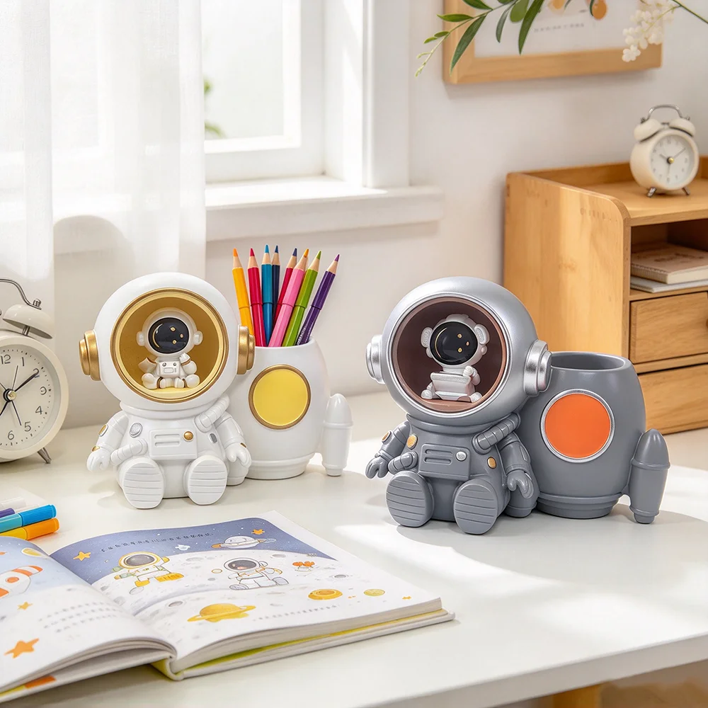 1pc Astronaut Pen Holder with Light, Unisex Holiday Gift, Desk Resin Pencil Holder, Pen Holder Desk Organizer Decor Accessories