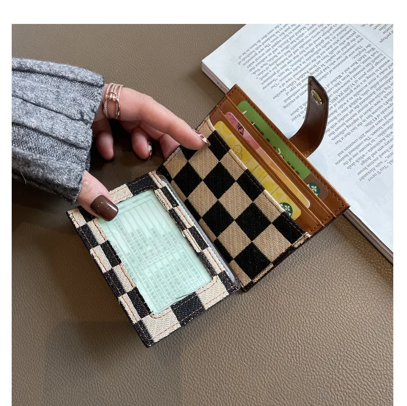 2026 New Girl Luxury Vintage Grid Canvas Mini Card Holder Women Slim Multifunctional Driver License Pouch