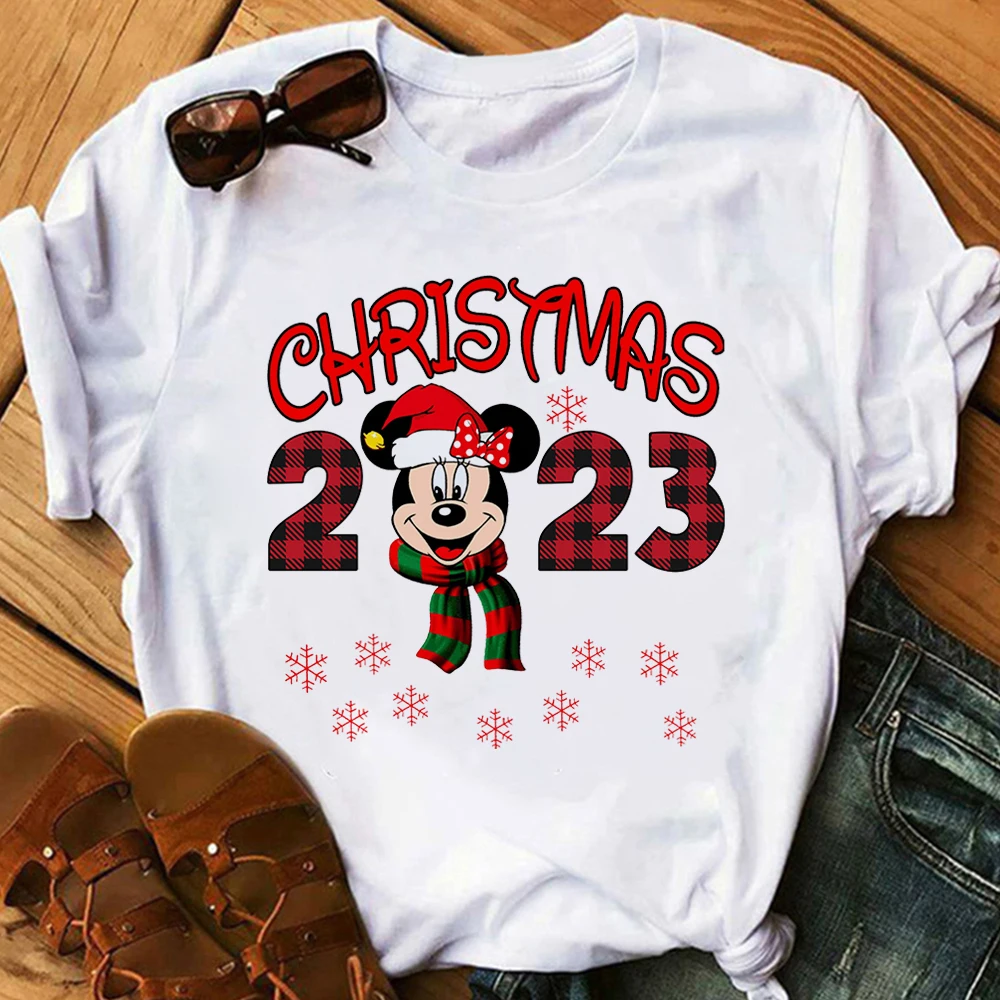 New Christmas Mickey Women T Shirt Disney Happy Year Ropa Aesthetic Mujer Short Sleeve Home Casual Blouses Xmas Female Tees