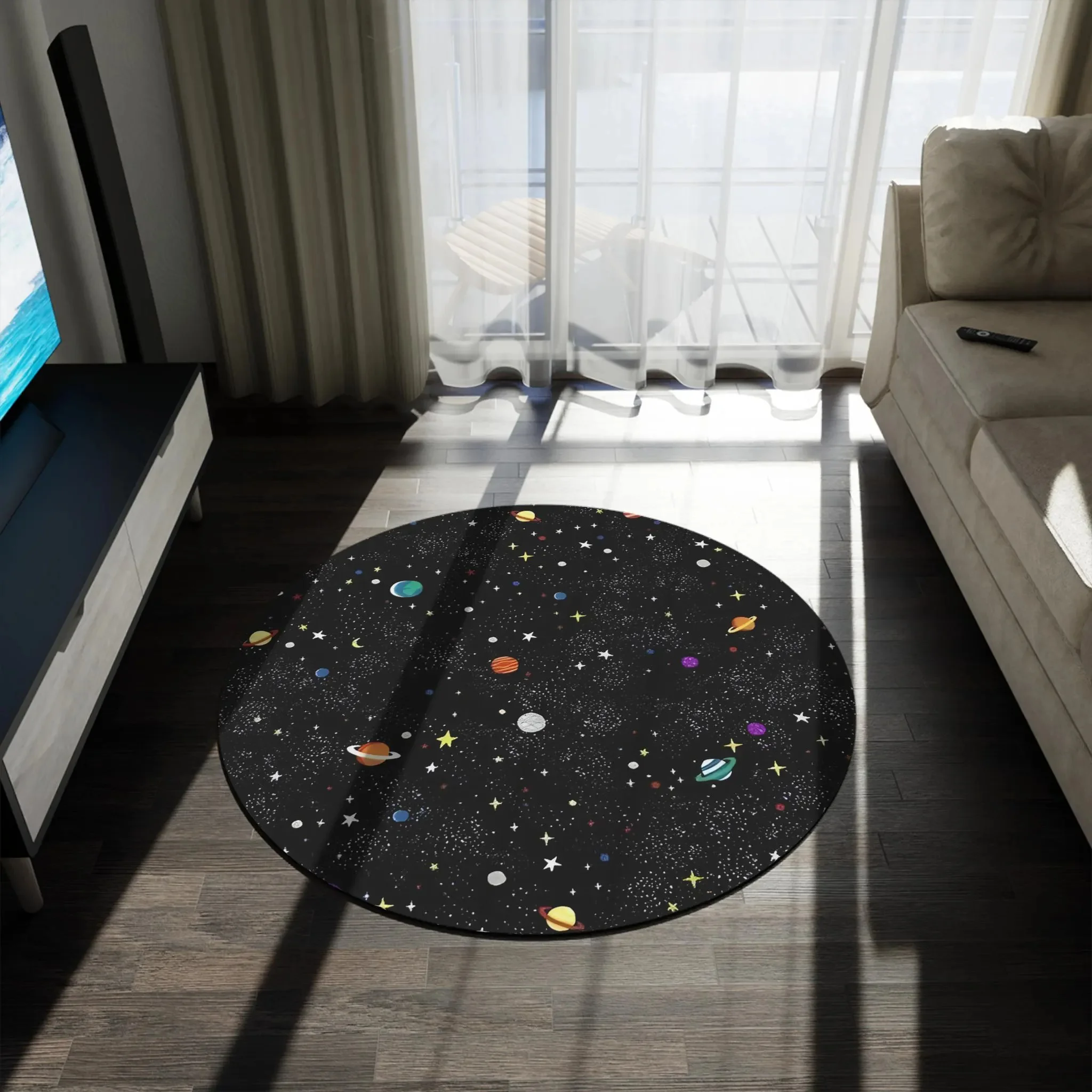 Dreamy Moon & Stars Round Area Rug - Galaxy Night Sky Floor Mat for Living Room, Bedroom, Kids Room, Cosmic Home Decor