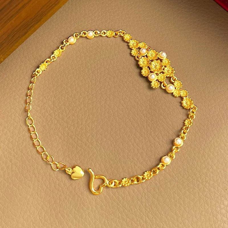 

Luxury 24K 9999 Pure Gold real gold Women's Pearl Flower Bracelet