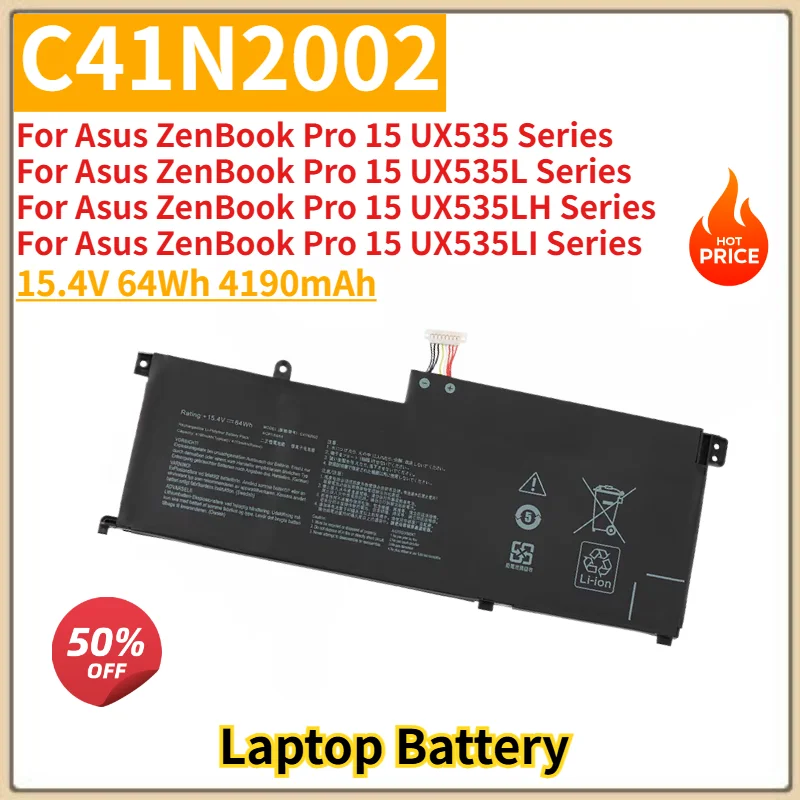 C41N2002 Laptop Battery 15.4V 64Wh 4190mAh For Asus ZenBook Pro 15 UX535LH UX535LI UX535 UX535L Series Replacement Battery