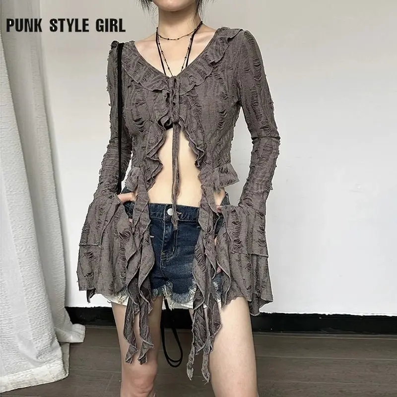 2024 Harajuku Gothic Vintage Y2k Lace Up Shirt Women Aesthetic Crop Irregular Blouses Coquette V Neck Grunge Korean Fashion Tops