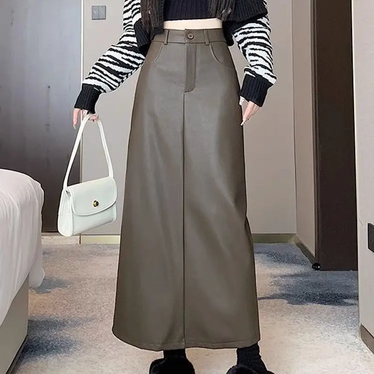 

2025 autumn and winter retro pu leather women's summer high waist thin medium and long split a word hip skirt