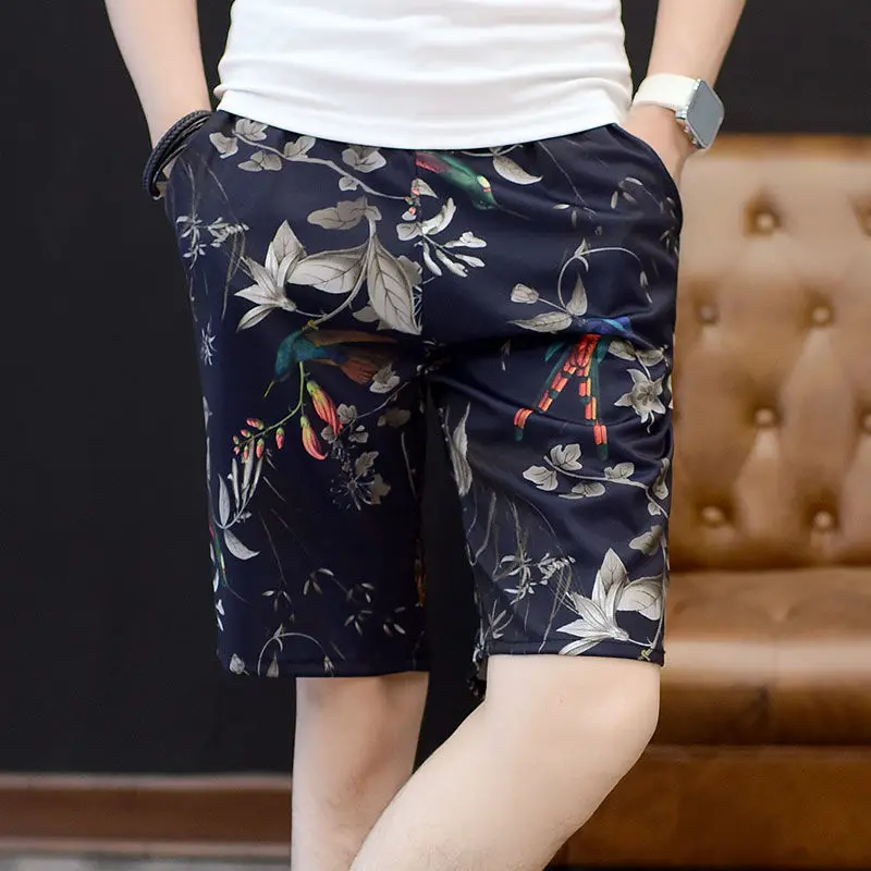 Summer New Men\'s Casual Beach Pants Printing Elastic Waist Pockets All-match Plus Size Trend Shorts Vintage Fashion Men Clothing