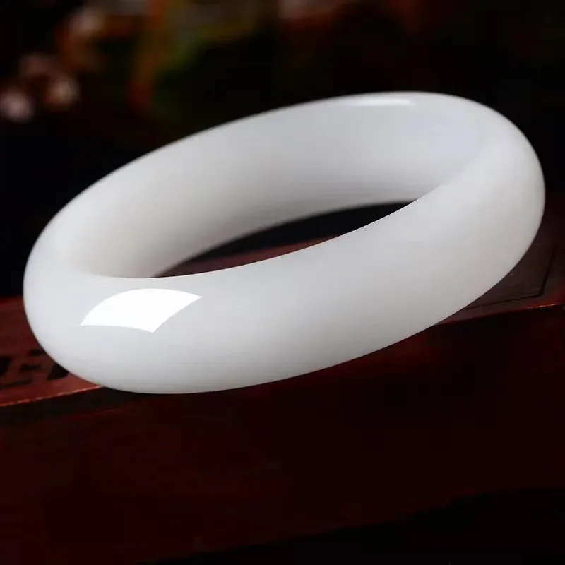 Natural White Jade Bracelet Chalcedony Bangle Women's Elegant Fine Jewelry Solid Color Exquisite Temperament  Handling