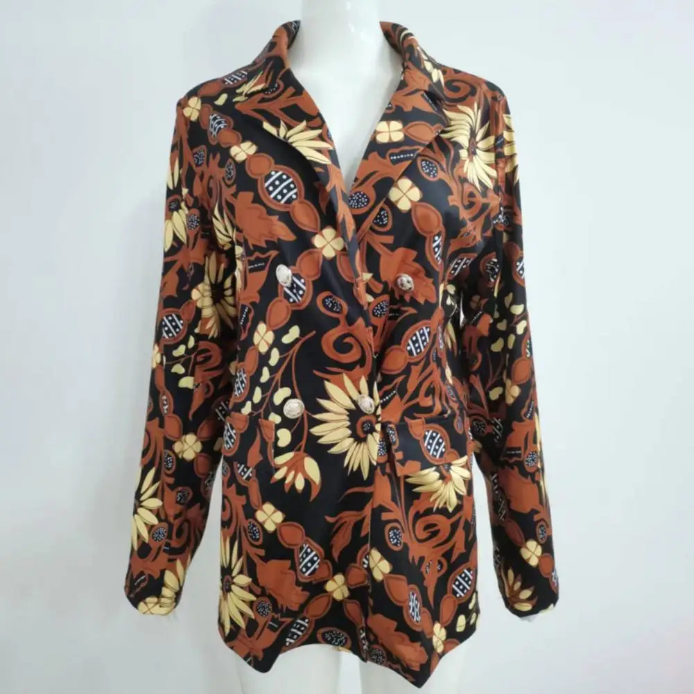 Long Sleeve Double Breasted Versatile Women Blazer Fashion Flower Print Lapel Suit Coat Cardigan Outerwear