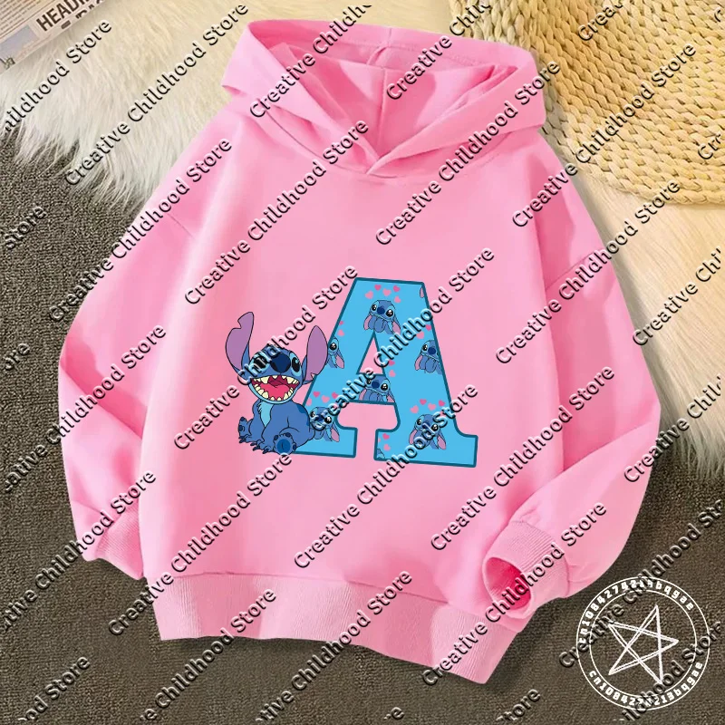 Kawaii Children Hoodies Stitch Letter ABCD Fashion Pullover Sweatshirt Anime Manga Cartoons Girls Boy Kids Casual Clothes Tops