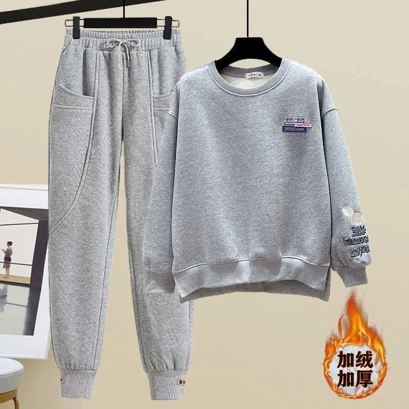Casual Womens Tracksuit Two Piece Sets Thicken Warm Sweatshirts Conjuntos Velvet High Waist Joggers Sweatpants Loose Outfit New