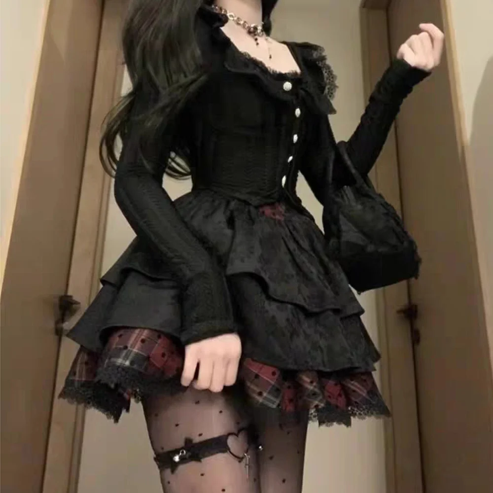 

Winter Fashion 2000s Festival Short Prom 2 Piece Set Gothic Grunge Y2k Lace Dress Set Women Dark Academia Sexy Slim Party Suit