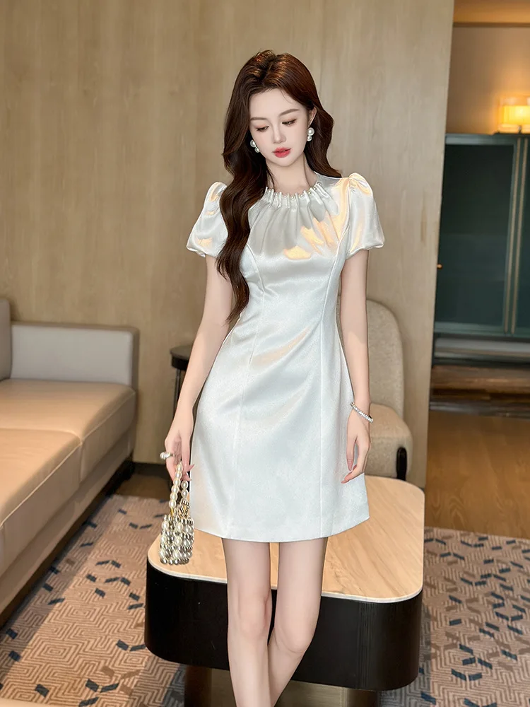 Guangzhou Women's New Summer Style French Satin Glossy Pearl Round Neck Slim A-Hem Dress