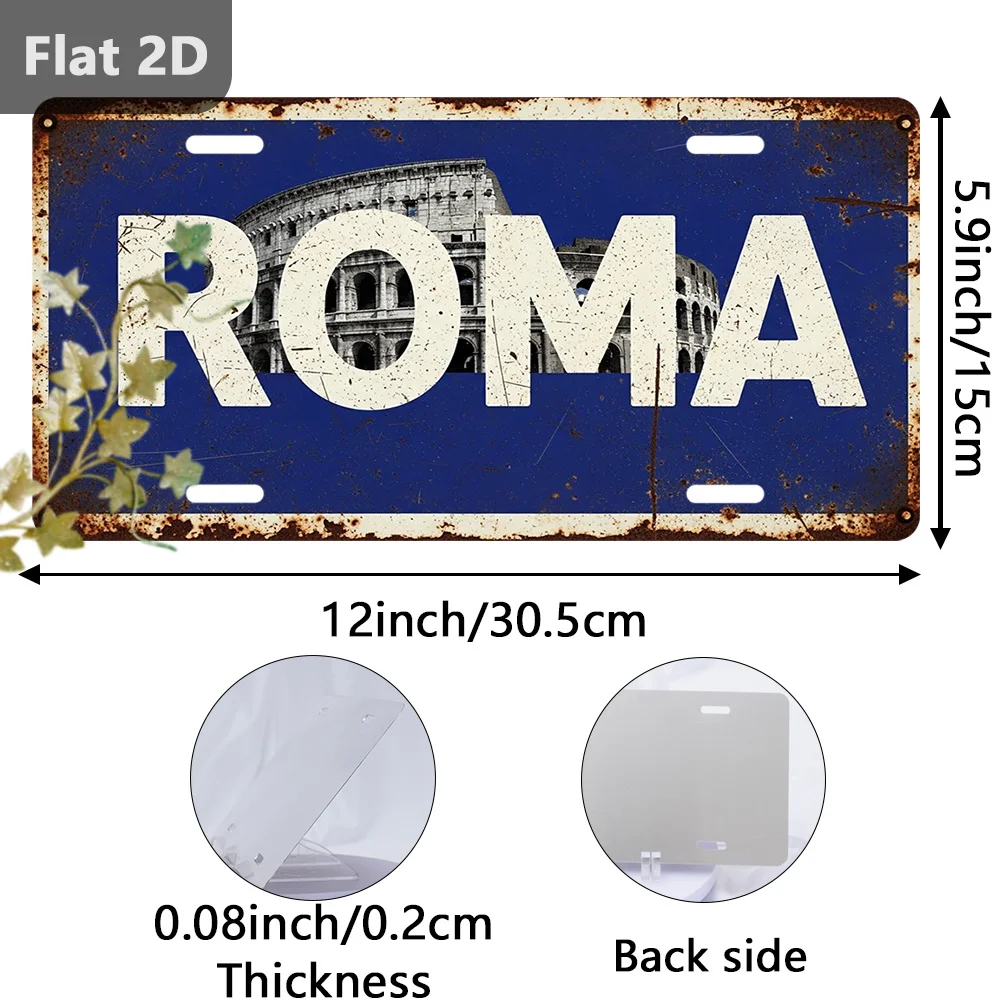 Flat 2D Vintage Roma Colosseum Italy Cityscape License Plate Style Aluminum Metal Painting Wall Decor for Home Living Room