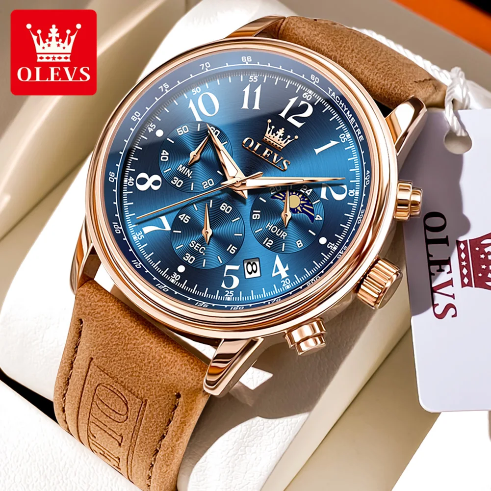 

OLEVS 2912 New Luxury Brand Quartz Men's Watch Lunar Phase Calendar Chronograph Watch Casual Waterproof Leather Strap Men Watch